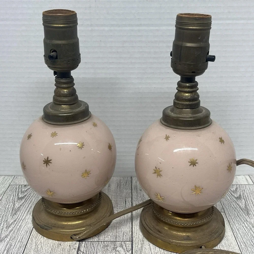 Vintage Pink Atomic Starburst Boudoir Lamps Pair Mid Century Modern 1950s Retro